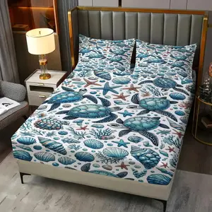 Marine Life Pattern Fitted Sheet Set, 3Pcs Digital Print Bedding Set, Perfect Ocean Themed Home Decor, Ideal Gift Sea Lovers, All Season. 2 Pillowcase, No Filling