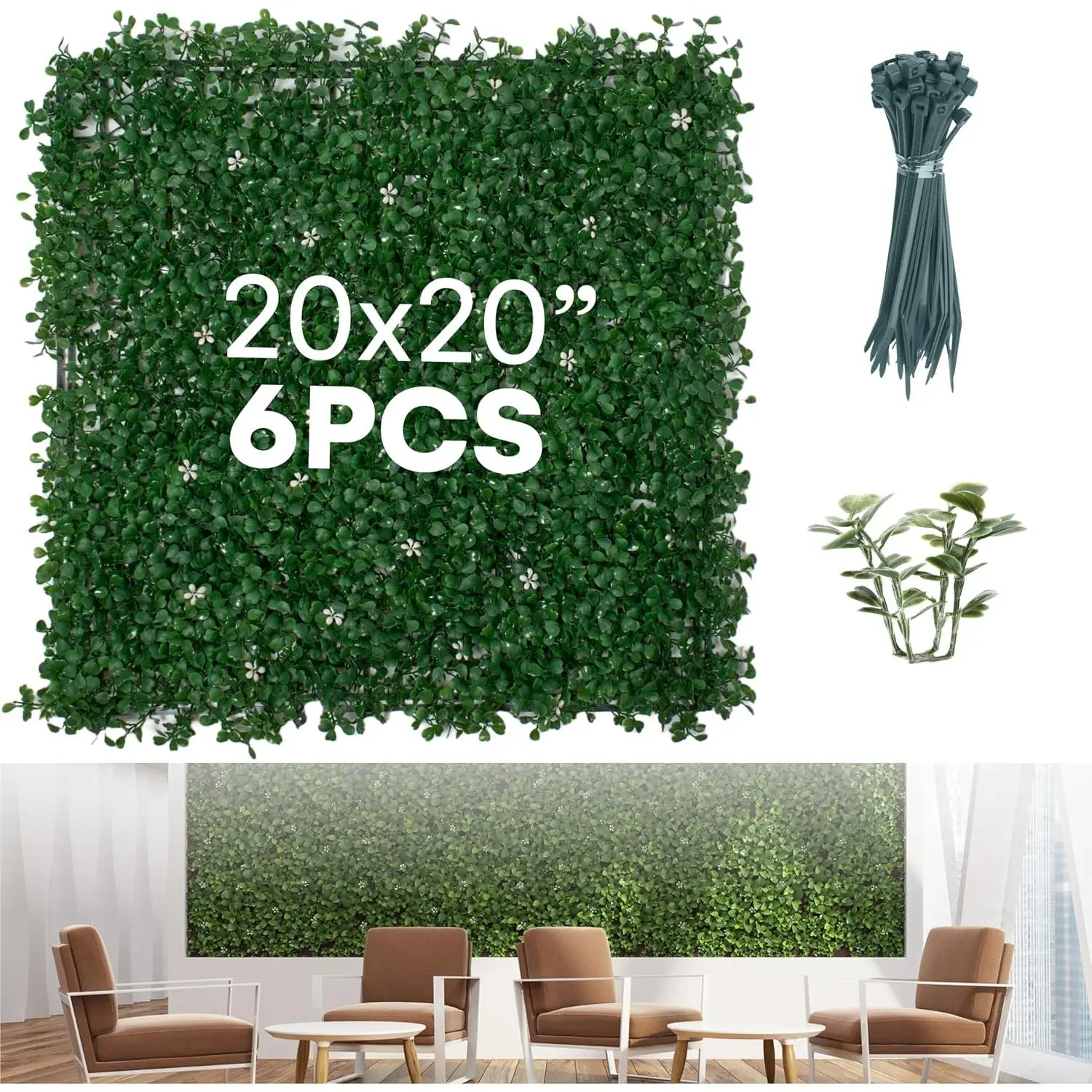 Artificial Boxwood Hedge Panels - Grass Wall Backdrop Decor Indoor and Outdoors - Greenery Wall, Faux, Grass Wall - Decorative Hedge, Garden Fence Panels - 20x20 inch - Pack of 6