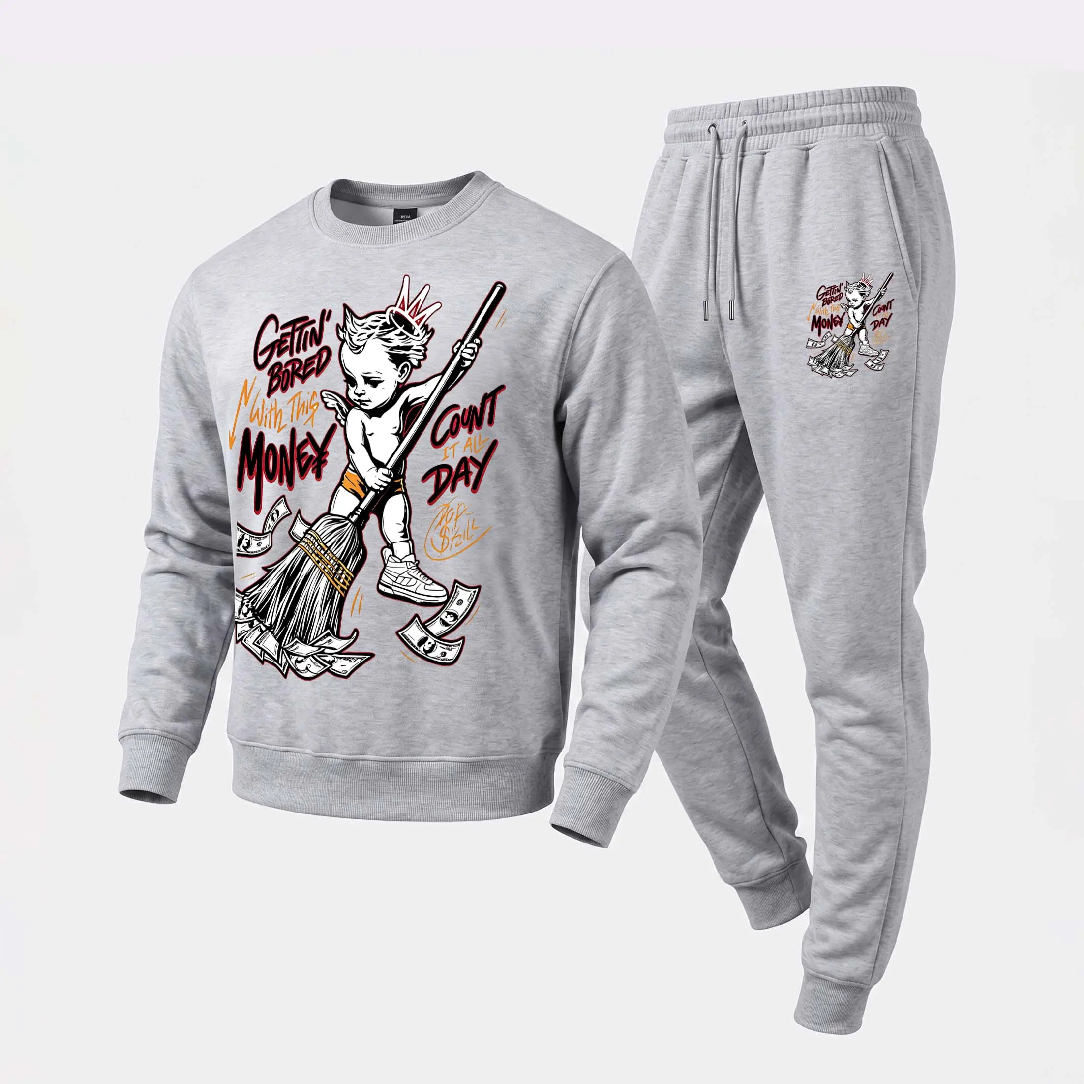 Men's Gettin' Bored with this Money Graphic Crewneck Sweatshirt and Jogger Pants Set, Casual Long Sleeve Pullover with Drawstring Sweatpants, Fall Winter Tracksuit for Daily Wear, Travel, Lounge, Workout and Indoor Outdoor Activities