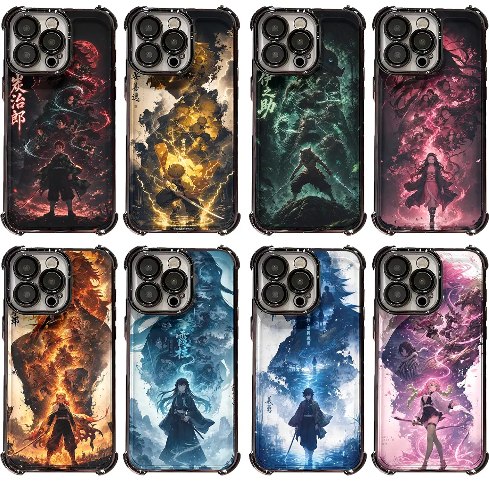 Demon Slayer Tanjiro Nezuko Zenitsu Electroplated Shockproof Smartphone Casing, Chrome Corner Bumper Cover for iPhone 17 ProMax Air, 16 Pro, 15, 14 Plus, 13, 12 & Samsung S23-S26, Handheld Cellphone Devices Gift for Anime Fans
