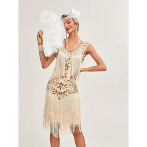 1920S Vintage Sequin Dress Gatsby Party Fringe Short Sleeve Gown for Gatherings And Celebrations, Embellished Cocktail Dress (In Stock)