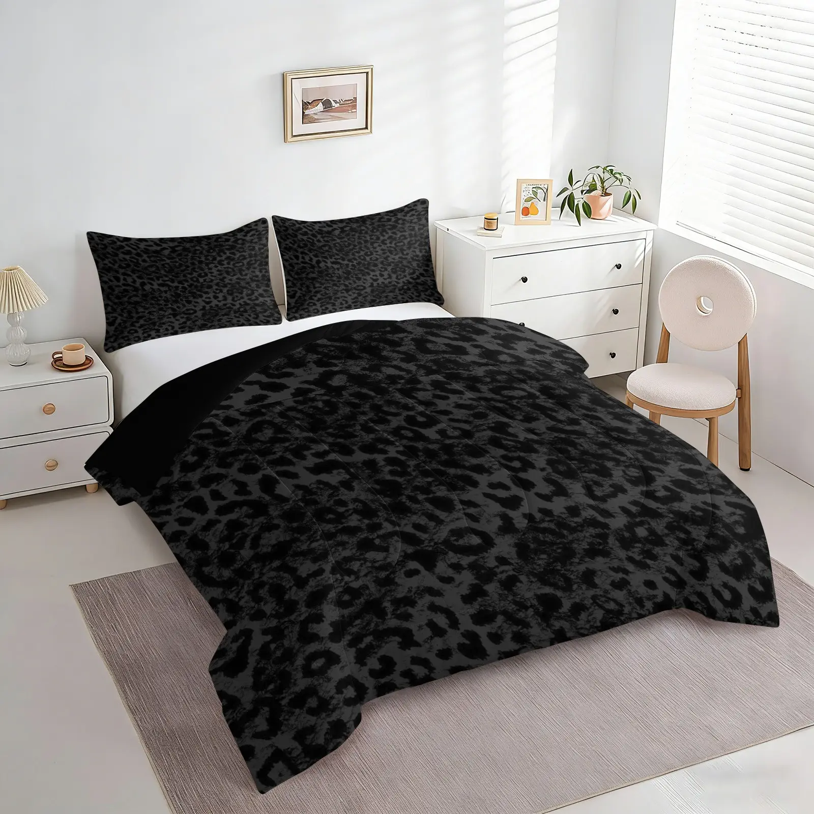 Black Vintage Leopard Comforter Set, 1 Comforter & 2 Pillowcases No Pillow Insert, Dark Leopard Bedding, Soft All Season Bed Quilt, Universal Bedding For Bedroom, Dorm, Guest Room