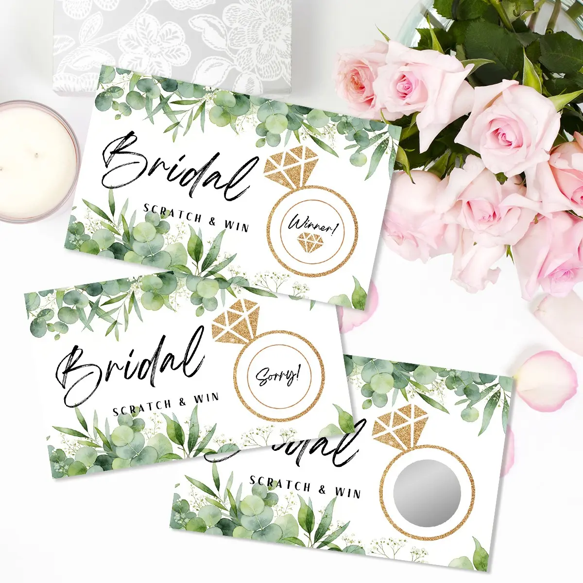 40Pcs Bridal Shower Party Scratch Off Game Cards, Glitter Ring & Creative Greenery Wedding Shower Decor & Supplies for Bridal Showers and Bachelorette Parties