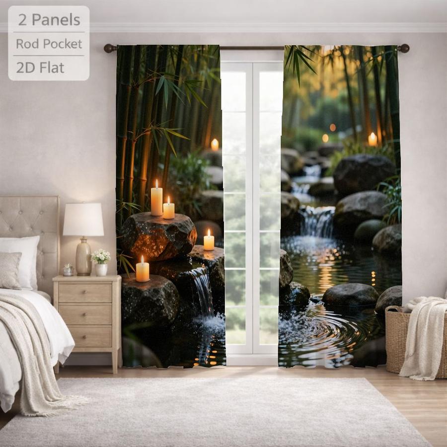 2Pcs Zen Garden Candles River Waterfall Pattern Sun Blocking Curtains Digital Printed Rod Pocket, Window Treatment For Bedroom Office Kitchen Living Room Study Home Decor