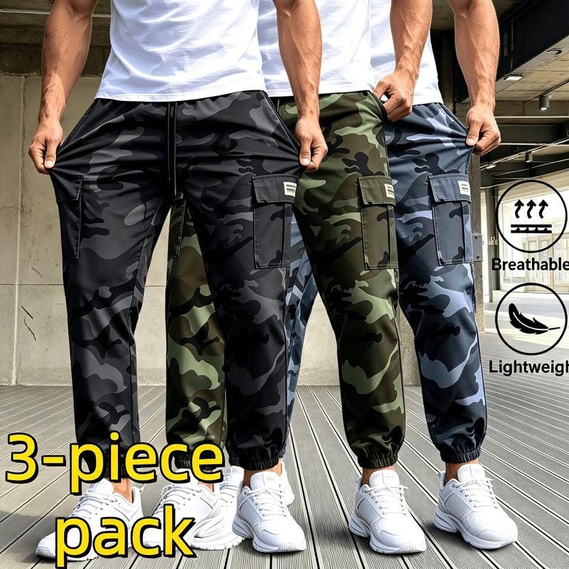 Men's 3-Piece Nylon Army Green Camouflage Sturdy Work Joggers - Breathable All-Seasons Male Clothing with Elastic Waist Drawstring, Multiple Pockets, Adjustable Elastic Buckle, Durable for Hiking, Running (Black, Grey Camouflage Options), Army Green Camou