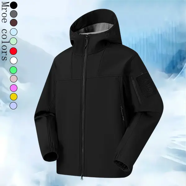 Men's stylish hooded soft-shell outdoor jacket, with a fully zipped closure design. Equipped with multiple functional zipped pockets, windproof fabric, and adjustable hood, it is an ideal outerwear for hiking and daily outdoor activities.