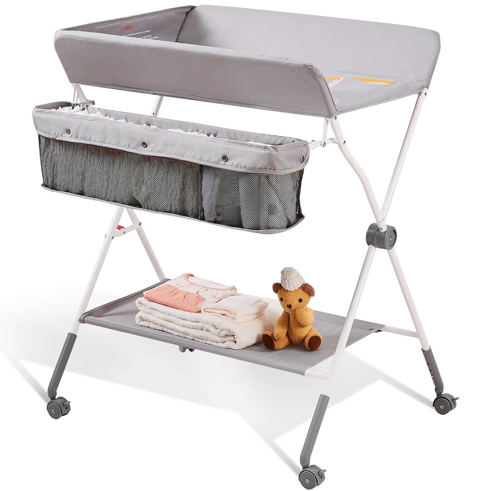 Baby Changing Table, Folding Diaper Changing Station with Lockable Wheels, Portable Folding Design, Spacious Storage Space, Adjustable Height