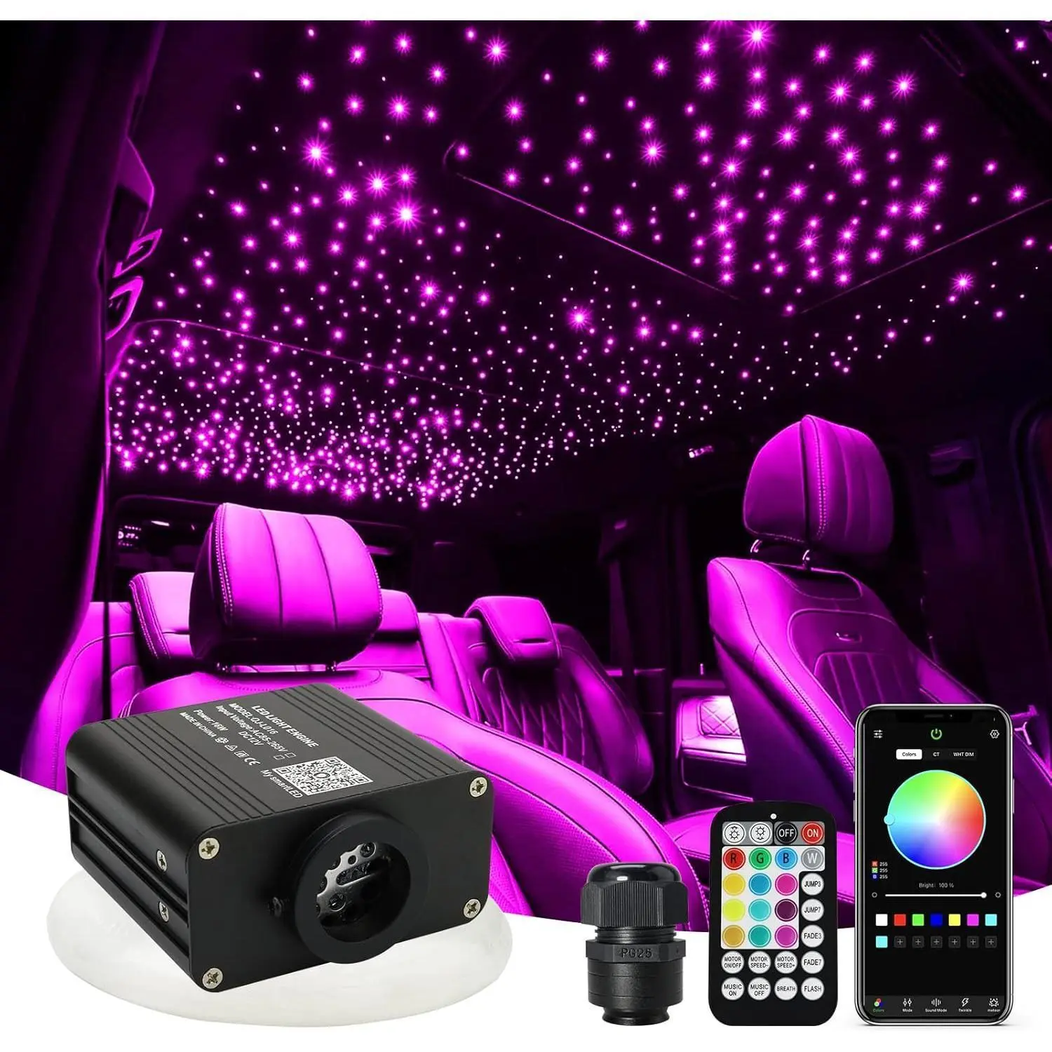 16W RGBW Fiber Optic Light Kit, Wireless LED Interior Car Lights with 600pcs Twinkle PMMA Fibers for Ceiling Decoration, Sound-Activated & Color Changing with APP/Remote Control, Interior Led Vehicle, Plastic, Twinkling Stars, Sound Sync, Pmma Acrylic