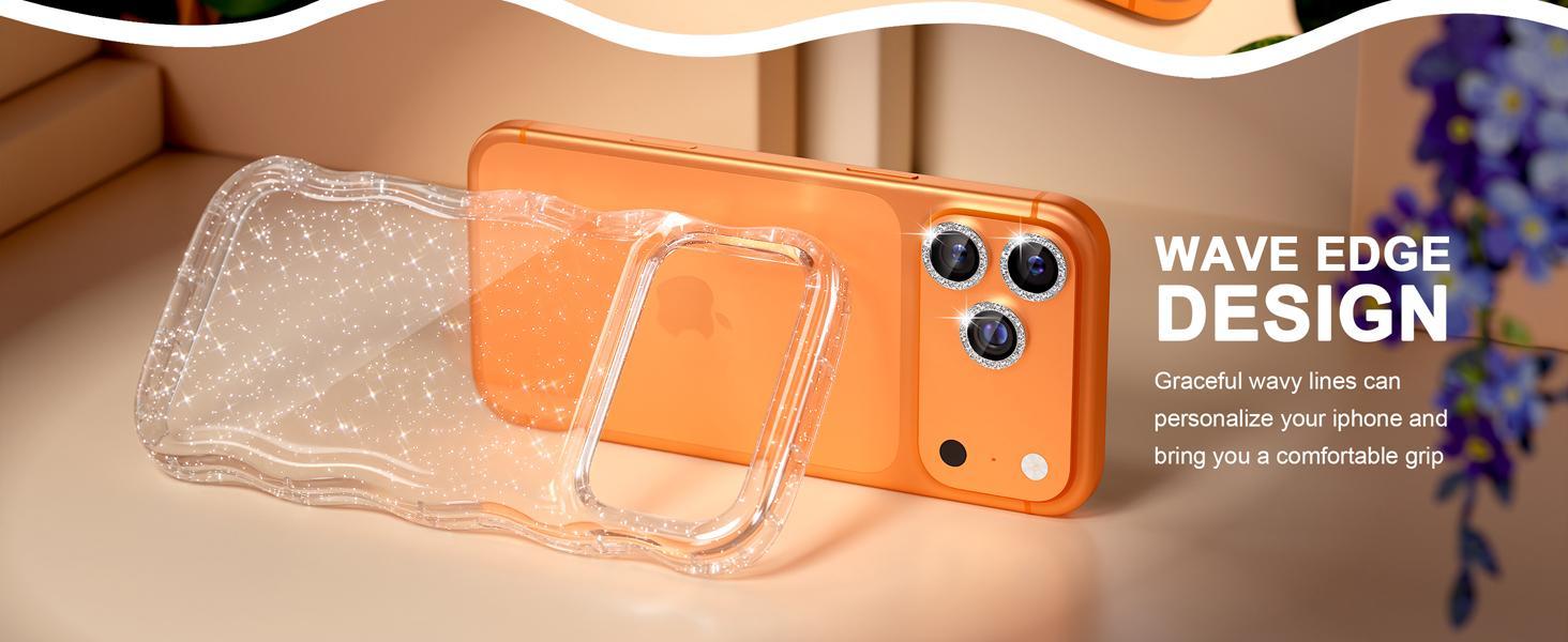 Choiche Compatible for iPhone 17 Pro Max Case, Women Cute Sparkly Phone Case, Curly Wavy Frame Cover [3 x Diamond Camera Lens Protectors] [2 x Tempered Glass Screen Protectors] 6.9" (Glitter Clear)