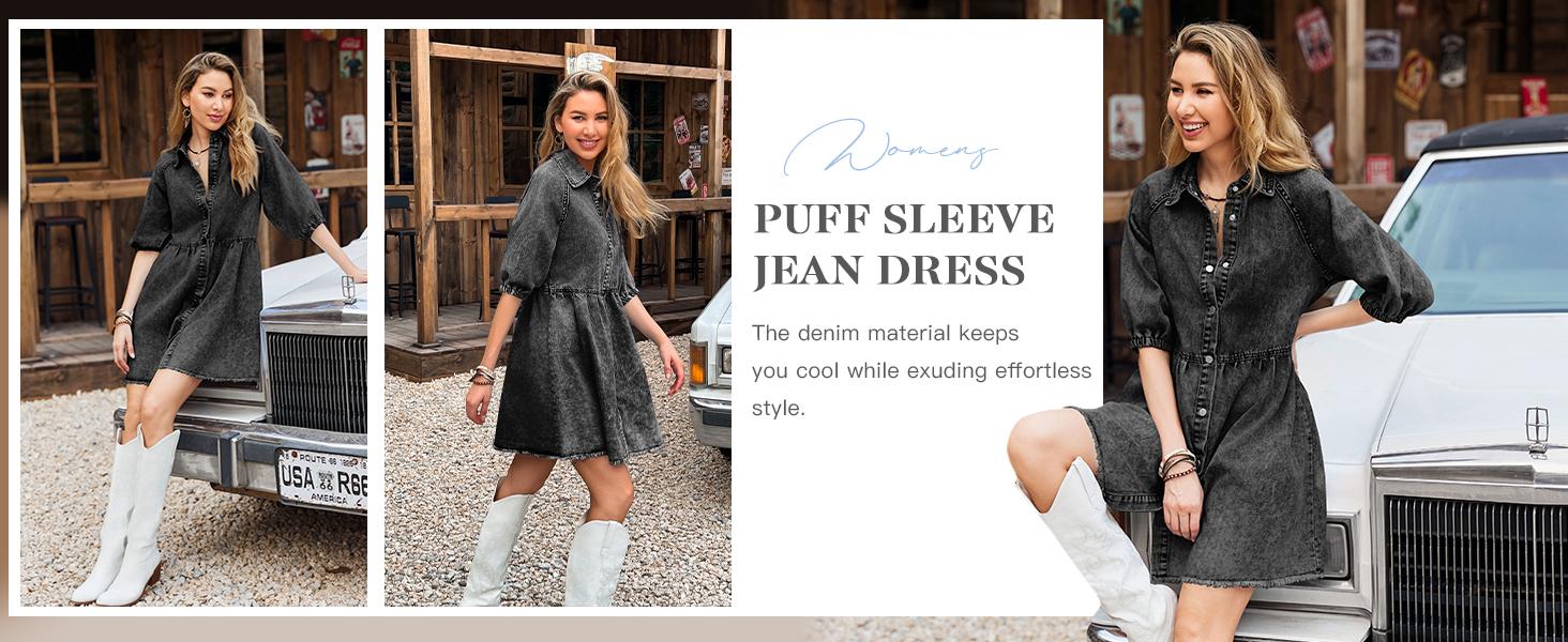 FMEYOA Womens Summer Denim Dress Button Down Short Sleeve Babydoll Dress Puff Sleeve Flowy Jean Dress