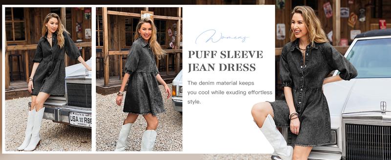 FMEYOA Womens Summer Denim Dress Button Down Short Sleeve Babydoll Dress Puff Sleeve Flowy Jean Dress