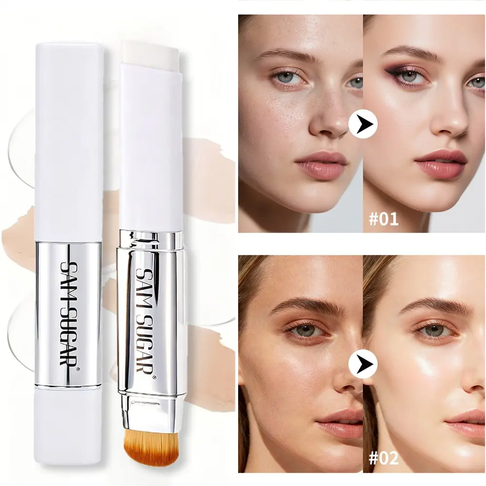 Sam Sugar Color Changing Skin Perfecting Foundation Stick with Brush Head, Longwear Foundation, Long Lasting Coverage, Oil Control, Hydrating & Moisturizing, Natural Nude Makeup Cream