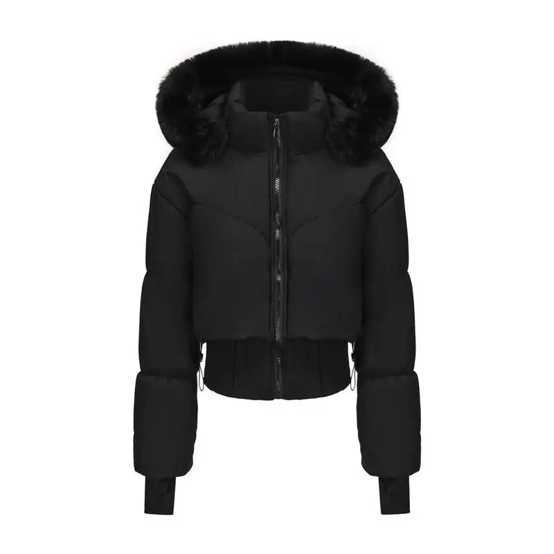 Fur Collar Hooded Short Cotton Jacket for Women, Thickened Warm Winter Coat with Waist-Cinching Design
