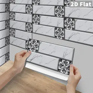 6/12/24/48Pcs FG Light Luxury White Gray Marble Embossed Flower Tile Stickers, 2D Flat PVC Crystal Film Self Adhesive Waterproof Oilproof Wall Decals For Kitchen Bathroom Floor Wood