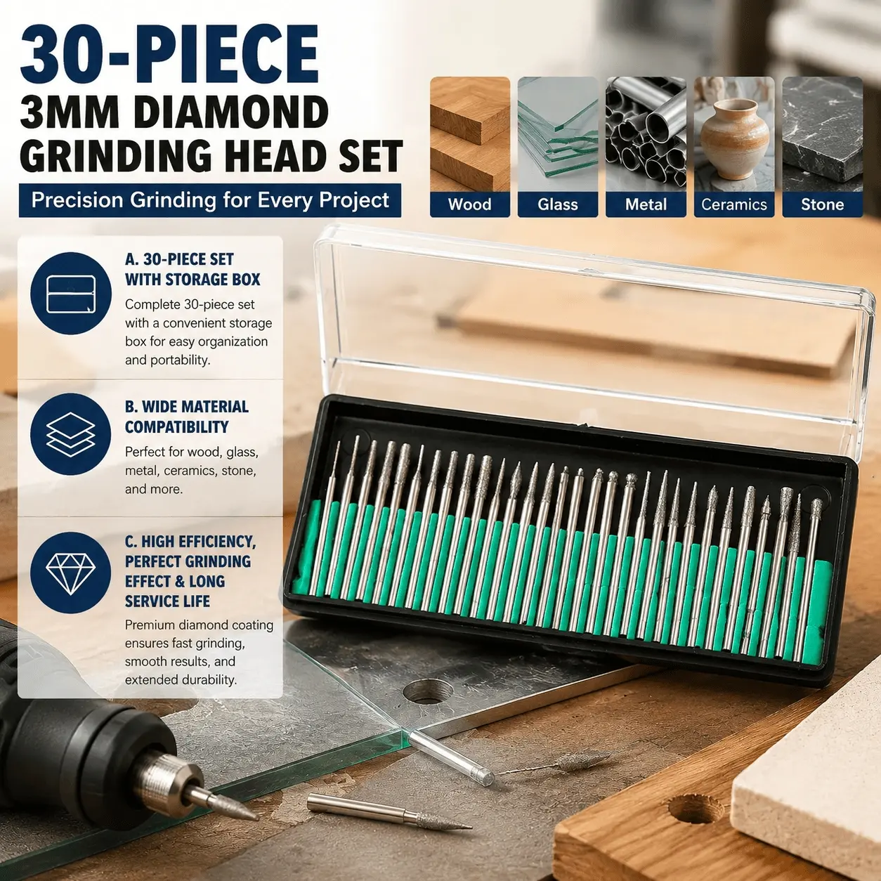 3mm Shank Diamond Burr Set, 30pcs High Precision Rotary Tools for Engraving Polishing Grinding, Professional Electric Drill Accessories Kit for Jewelry Wood Glass Stone DIY Crafts