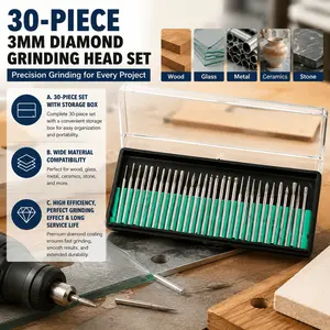 3mm Shank Diamond Burr Set, 30pcs High Precision Rotary Tools for Engraving Polishing Grinding, Professional Electric Drill Accessories Kit for Jewelry Wood Glass Stone DIY Crafts