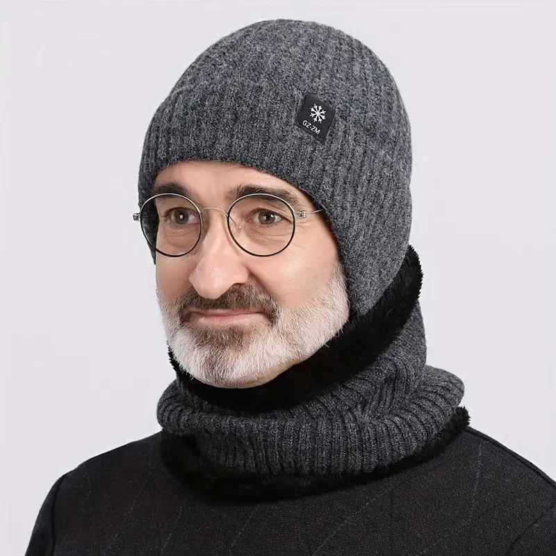 Men's Fleece-Lined Earflap Beanie with Neck Warmer, Thermal Ribbed Knit Winter Hat, Windproof Outdoor Headwear for Dad & Grandpa