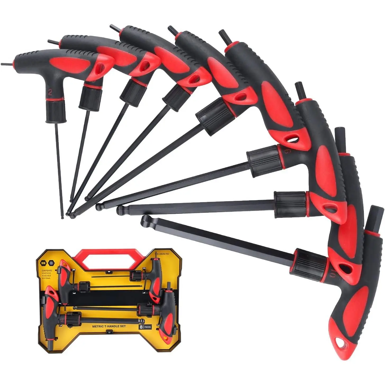 8 count Metric T Handle Allen Wrench Set, 2-10 mm, Ball , Standard Long Tee Handle Allen Hex Key Set, Heavy Duty Excellent