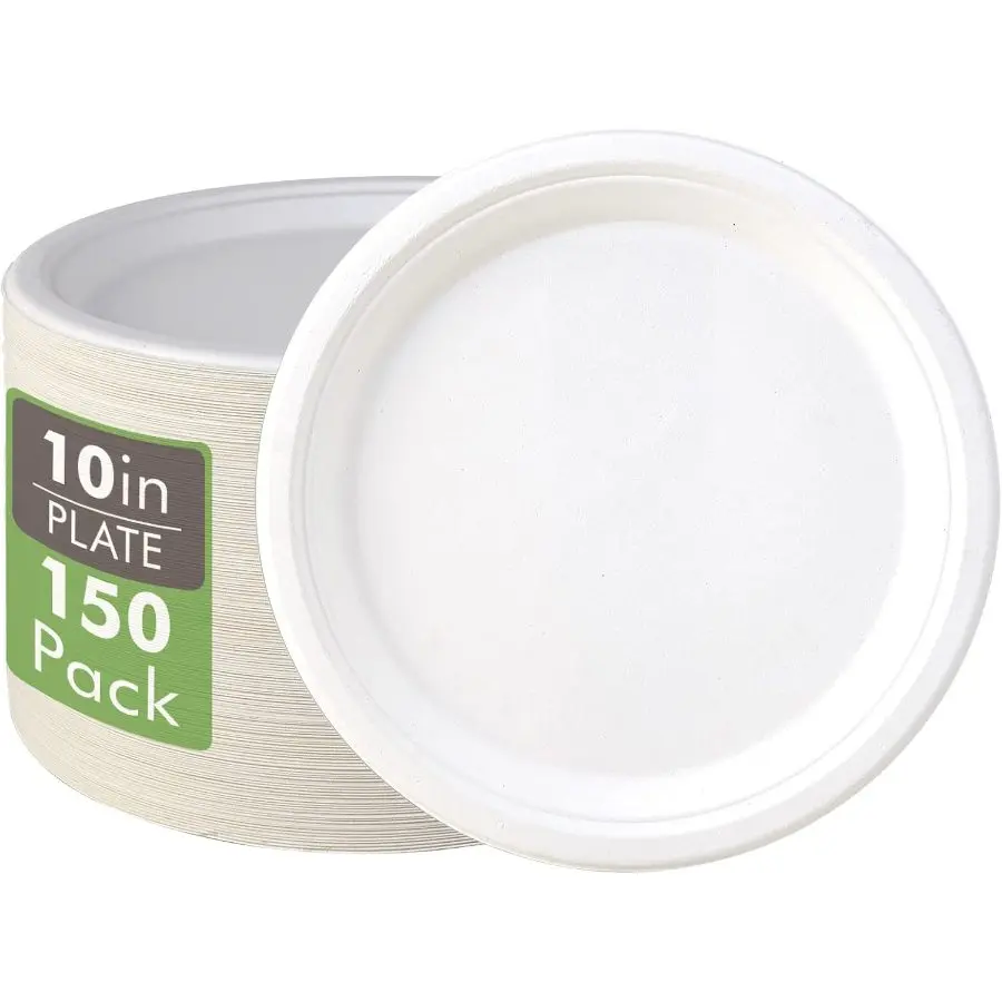 Vplus 150 Pack Compostable Disposable Paper Plates 10.25 inch Super Strong Paper Plates 100 Bagasse Natural Biodegradable Eco-Friendly Sugarcane(white)