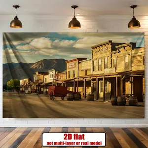 2D Flat, 1-Piece Western Town Backdrop Banner - Vintage Wild West Photography Background, Featuring a Tavern and Mountains - Durable Polyester Fabric, Suitable for Halloween, Christmas, Western Parties, Home/Office Decoration - Easy to Hang, No Electricit