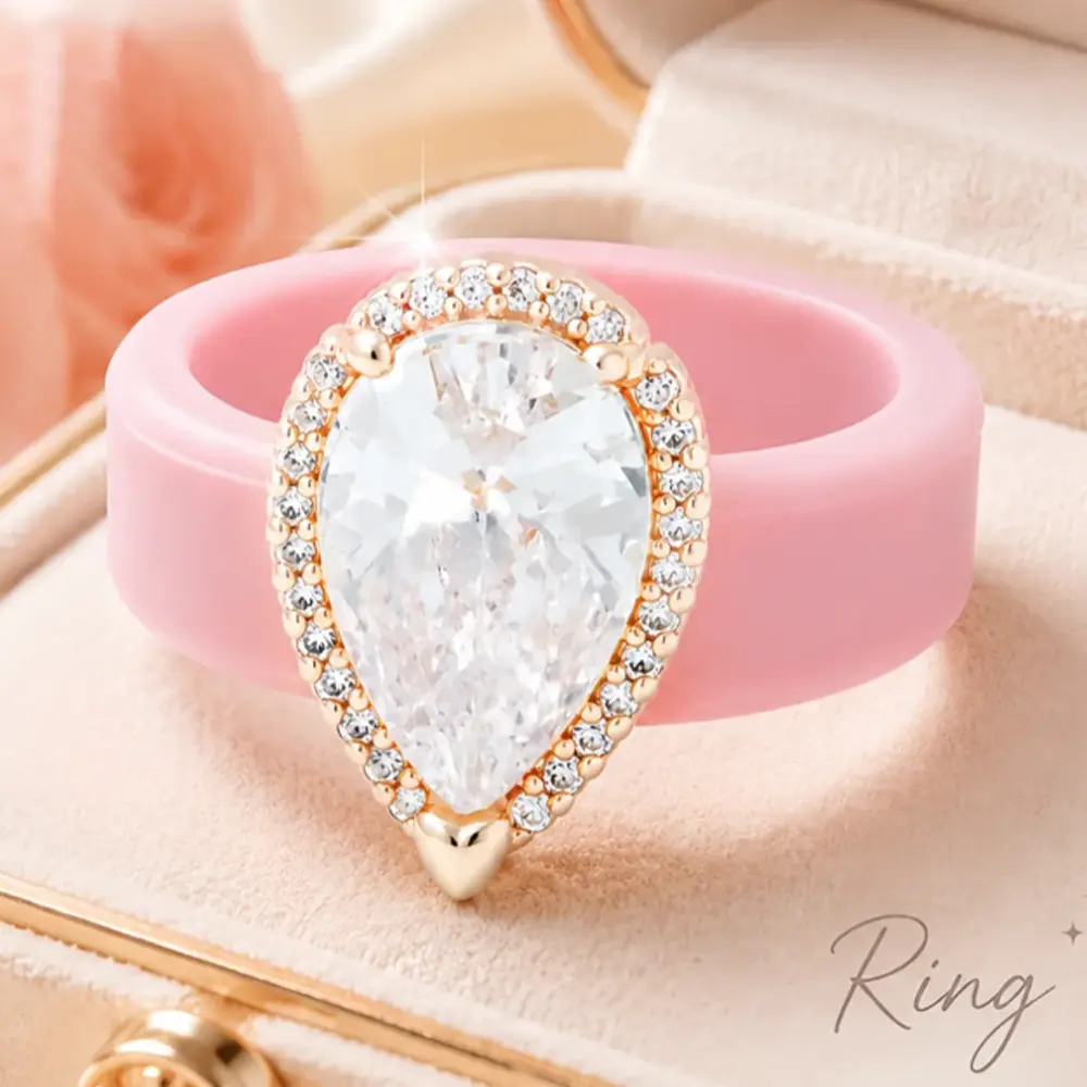 Women's Pear Shaped Cubic Zirconia Silicone Band Ring, Halo Teardrop CZ Pink Silicone Engagement Ring, Fashion Sparkly Stackable Wedding Promise Ring, Trendy Casual Jewelry Gift for Her