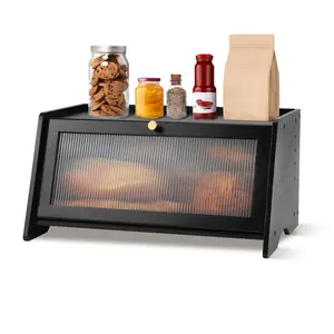 Bread Box for Kitchen Countertop, Bamboo Bread Box Bread Storage Container for Homemade Bread, Large Bread Bin with Window and Air Vents to Keep Fresh Bread, Black