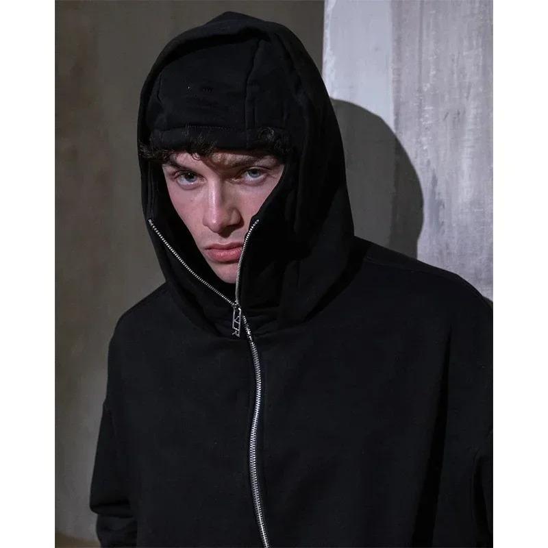 Balaclava Jacket Zip Up Fashion Double Layer Hoodie Hip Hop Outerwear Jacket Y2K Clothing for Men and Women