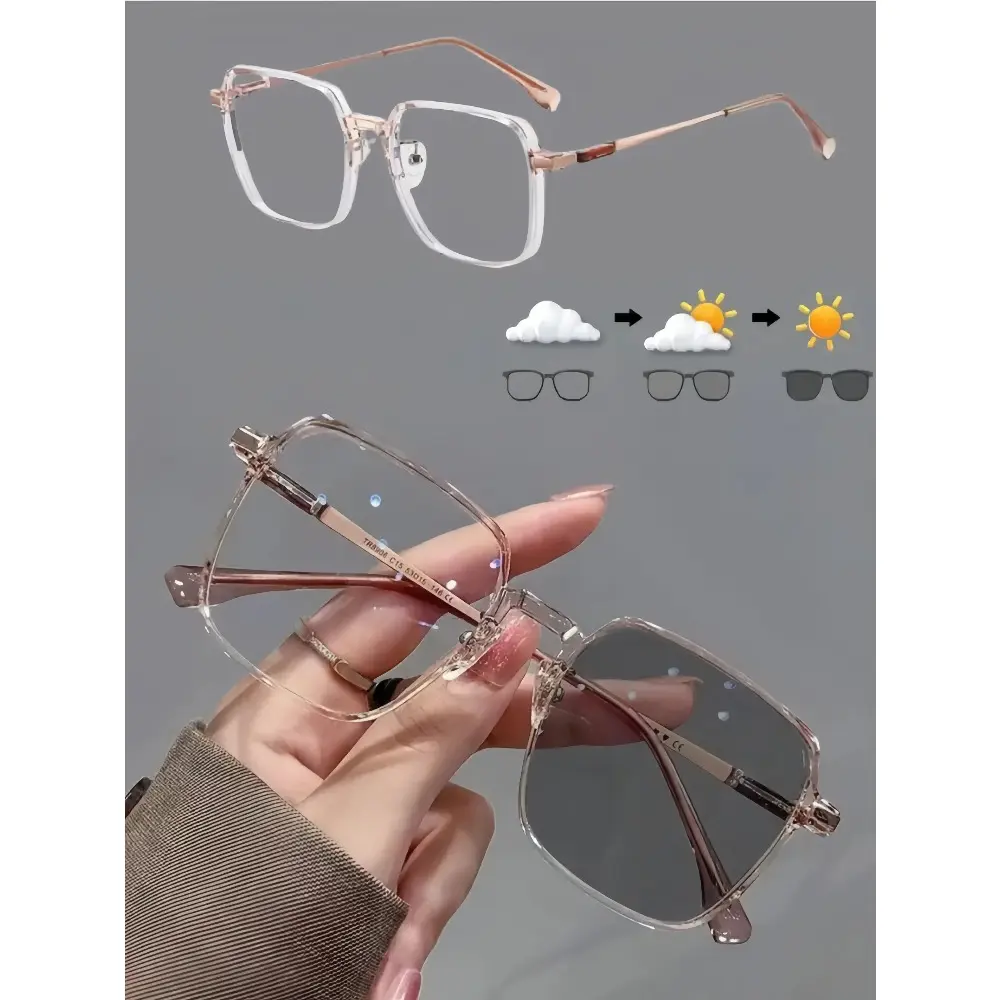 Unisex Square Alloy Frame Photochromic Light Sensitive Eyeglasses, Blue Light Blocking One Size Casual Eyewear, Fashion Lightweight Spectacles for Daily Work Outdoor Camping Holiday Gifts