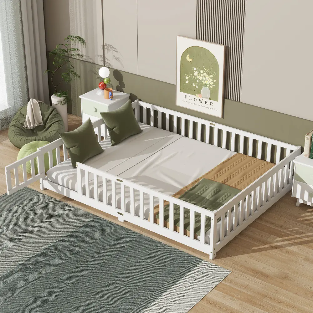 Queen Size Floor Bed with Fence,Door,Rubber Wood Floor Bed with Safety Guardrails,White