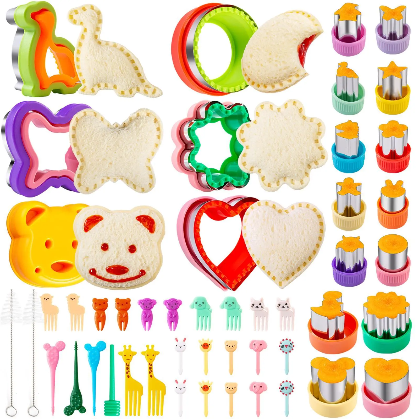 Sandwich Cutter for Kids 48 Pcs, Cookie Cutters, Fruit Vegetable Cutter Shapes, Food Picks for Bento Box, Mouse Dinosaur Star Square Heart Shape