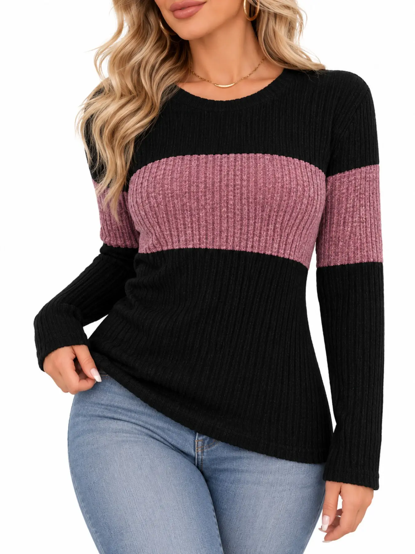 Women’s Soft Knit Sweater Top, Cozy Warm Long Sleeve Color Block Pullover, Fall Winter Womenswear & Loungewear, Relaxed Casual Homewear Shirt, Comfortable Everyday Outfit for Home, Travel, New Year & Holiday Wear