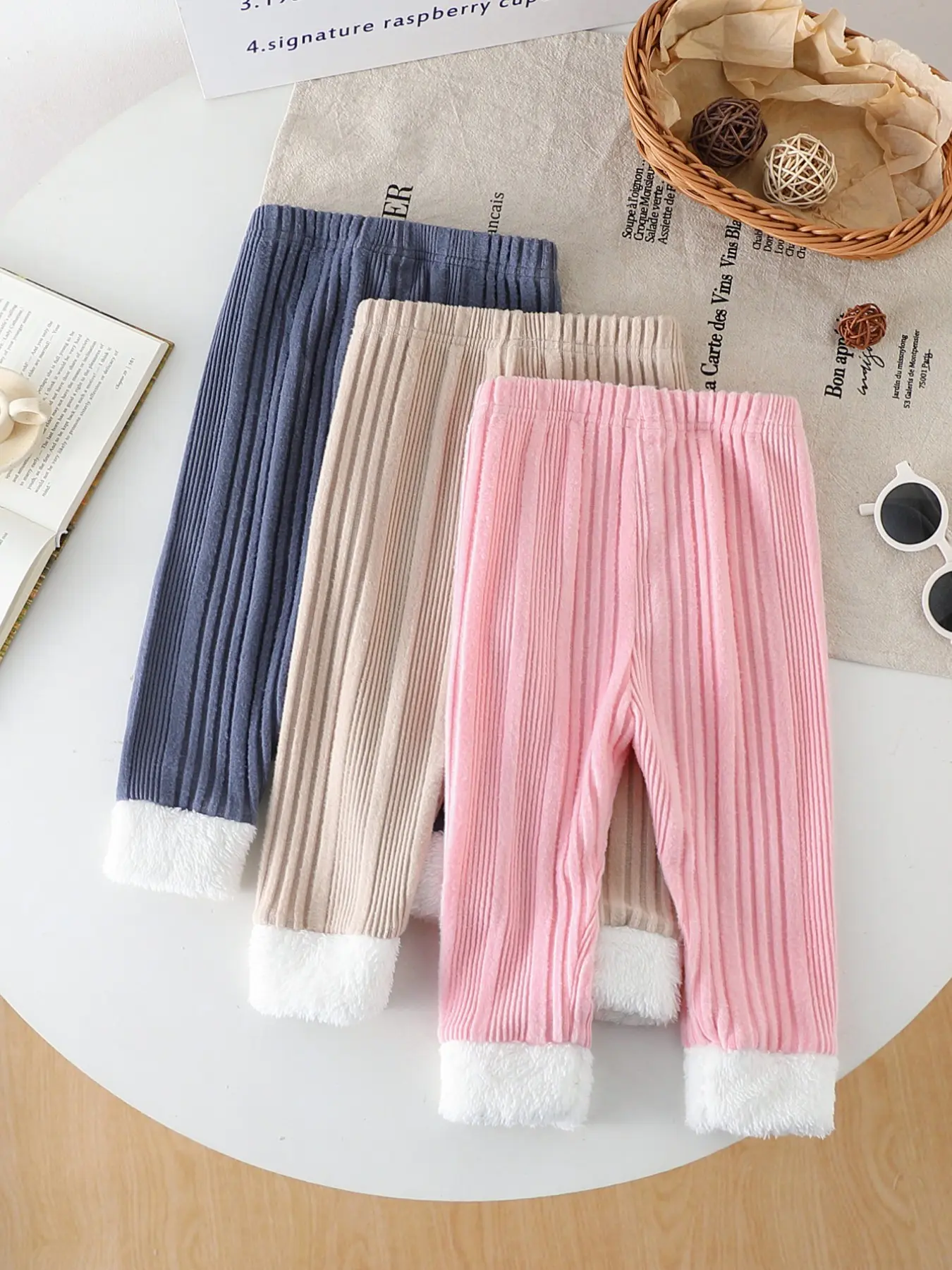 Baby Girls Fuzzy Long Pants, Warm Layering Bottoms, Apricot Solid Color Plush Patchwork Set of Three, Pair with Skirts