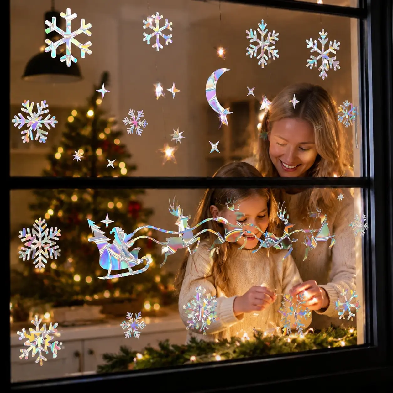 2 Sheets Shiny Reflective Prismatic Christmas Static Window Clings - Anti-Collision Bird Alert Holographic Decorative Light Decals, Santa Reindeer Sleigh Moon Star Snowflake Glass Stickers for Home, Office Decor
