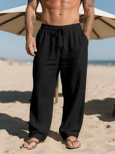Men's Linen Long Pants, Lightweight Beach Casual Minimalist Trousers, Elastic Waist Drawstring Design, Summer Commute, Loose Street Style