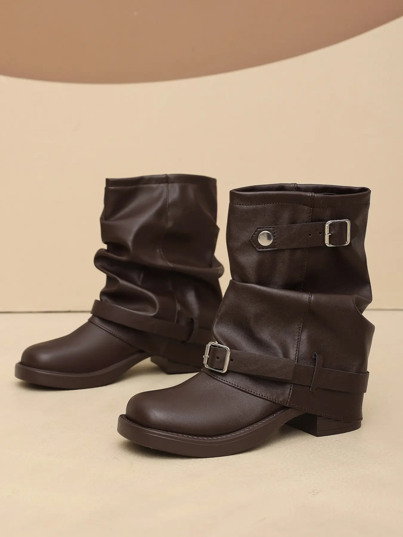 American Style Punkish Folded Edge Thick Sole Short Boots, Soft PU Comfortable Height-Boosting Platform Leather Buckle Short Calf Boots, Multiple Colors Available
