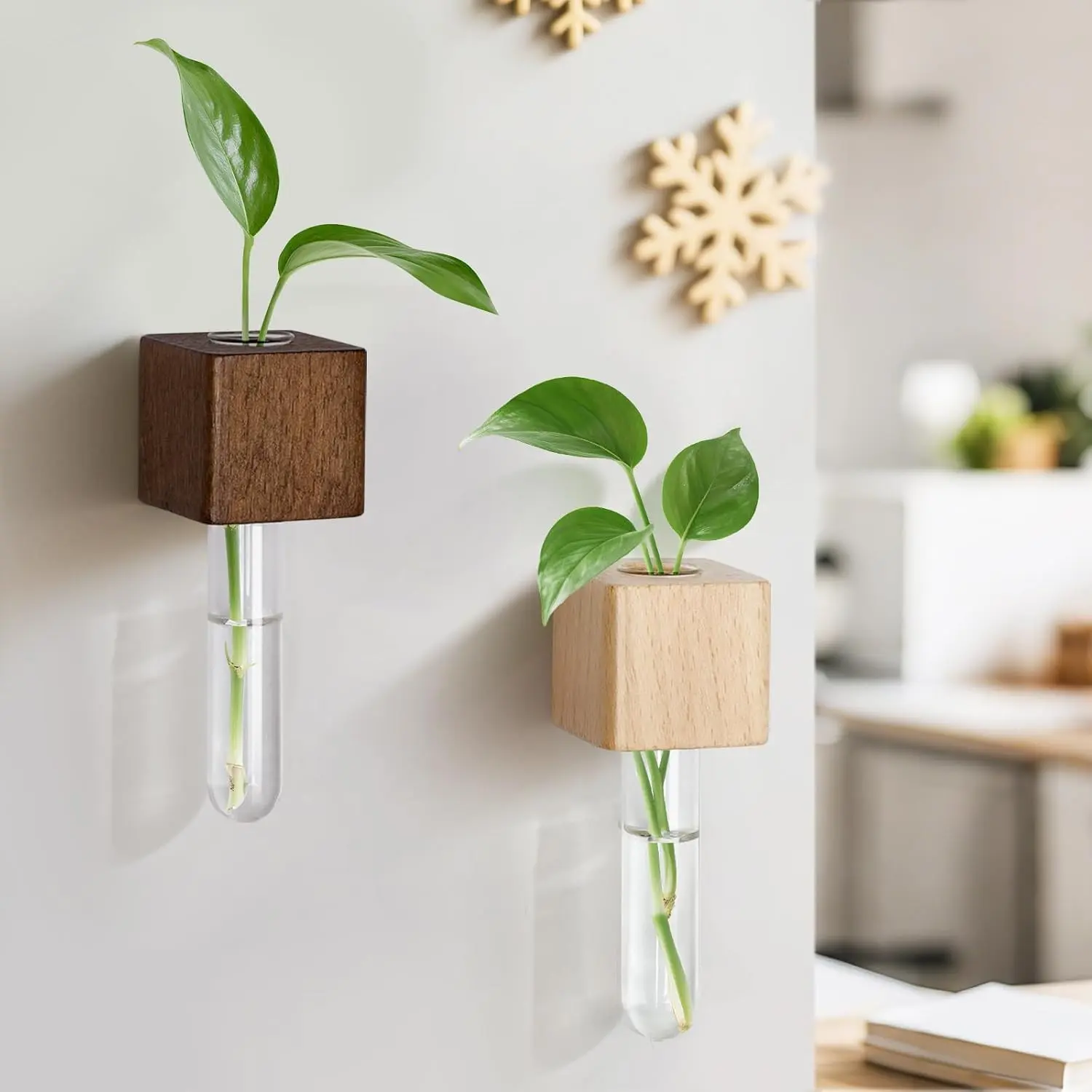 Magnetic Hydroponic Flower Vase, Home Decor for Living Room, Dining Table, Study, Office, Bamboo Stand Ornament, 1 Piece Set