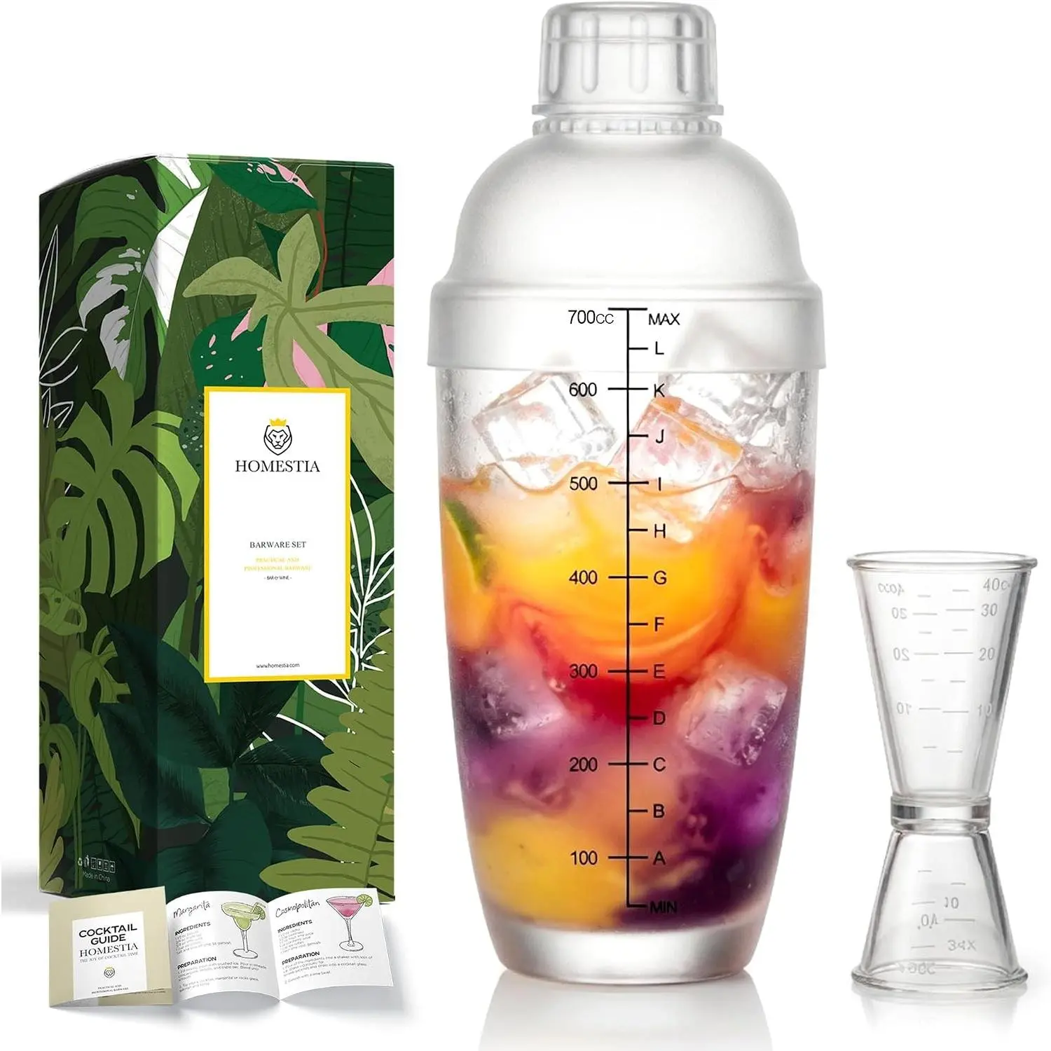 2 Pieces Plastic Cocktail Shaker Set - 24oz 700cc Drink Mixer Built-in Strainer with Double Jigger & Recipes Book, Leakproof Bartender Kit for Cocktails, Boba Tea, MilkshakesGift
