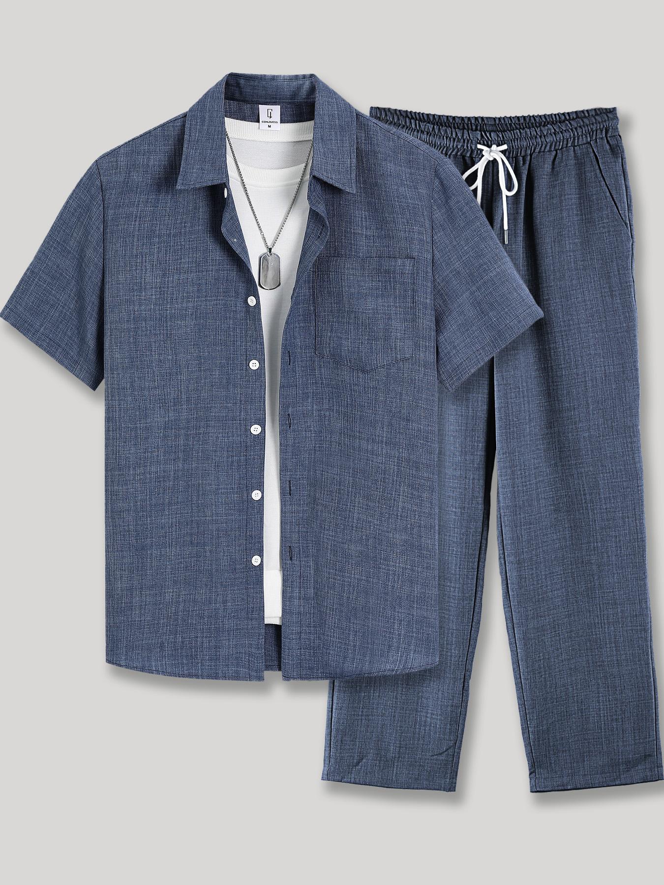 Men's Solid Button Shirt & Drawstring Waist Pants Loungewear, Menswear Loose Casual Comfy Short Sleeve Collared Top & Trousers Pajama Set, Men's Sleepwear for Summer Pjs