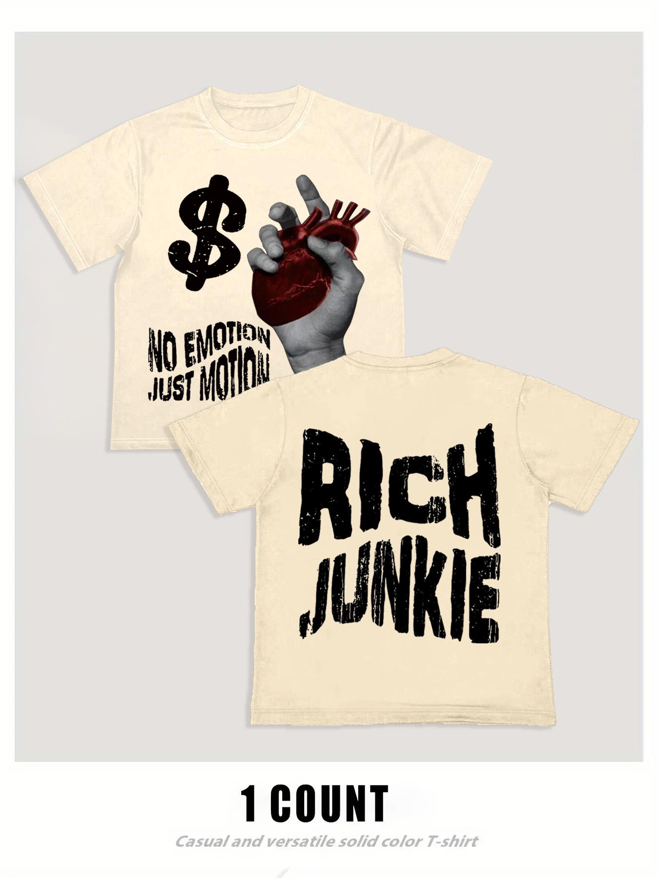 Men's Cartoon Hand & Rich Junkie Print Round Neck Tee, Loose Casual Fashion Short Sleeve T-shirt for Summer, Men's Top for Daily Wear, Tropical, Casual Streetwear