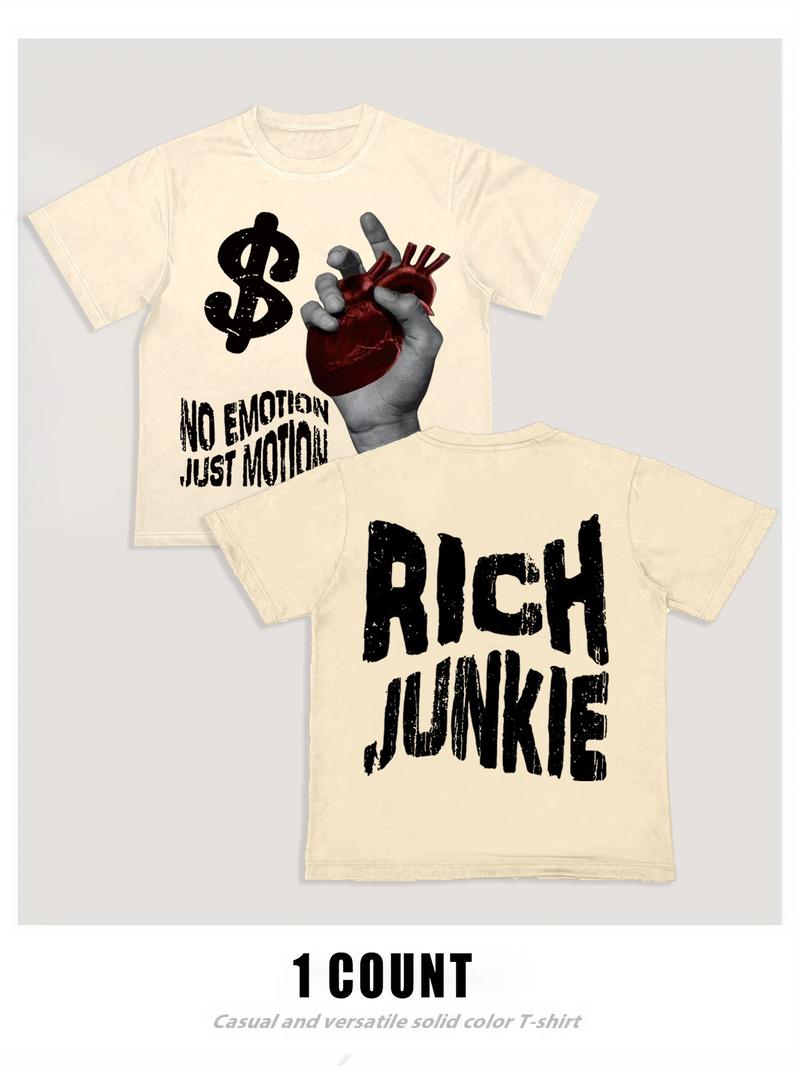 Men's Cartoon Hand & Rich Junkie Print Round Neck Tee, Loose Casual Fashion Short Sleeve T-shirt for Summer, Men's Top for Daily Wear, Tropical, Casual Streetwear