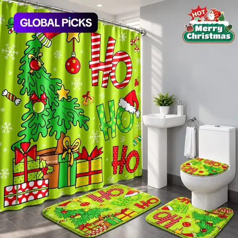 Christmas Tree Bathroom Set, Non-Slip Mat, U-Shaped Rug, Toilet Lid Cover, Waterproof Decorative Shower Curtain, Aesthetic Bathroom Decor And Accessories #GLOBAL PICKS