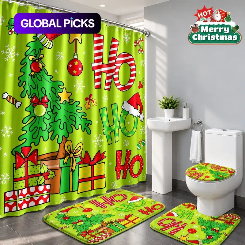 Christmas Tree Bathroom Set, Non-Slip Mat, U-Shaped Rug, Toilet Lid Cover, Waterproof Decorative Shower Curtain, Aesthetic Bathroom Decor And Accessories #GLOBAL PICKS