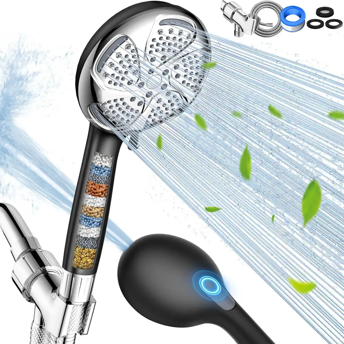High Pressure Shower Head with Filter -7 Spray Modes High Pressure Shower with Built-in Power Wash Jet, Hard Water Filter Shower Head Remove Chlorine Heavy Metals for Skin & Hair Care