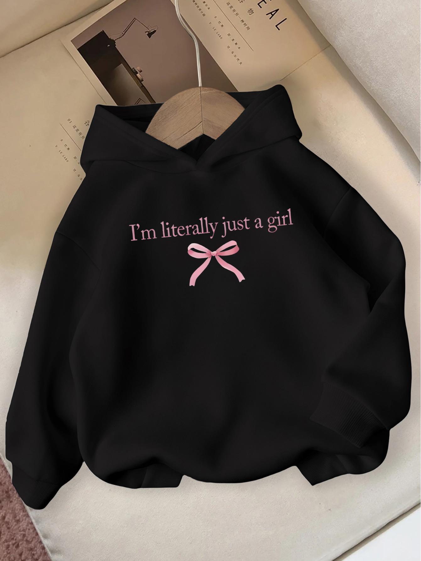 Cozy & Stylish Girls' Red Hooded Sweatshirt with "I'm LITERALLY JUST A GIRL" Print & Bow Detail - Soft Polyester Knit, Ribbed Cuffs, Perfect for Fall/Winter Casual Wear, Girls Sweaters