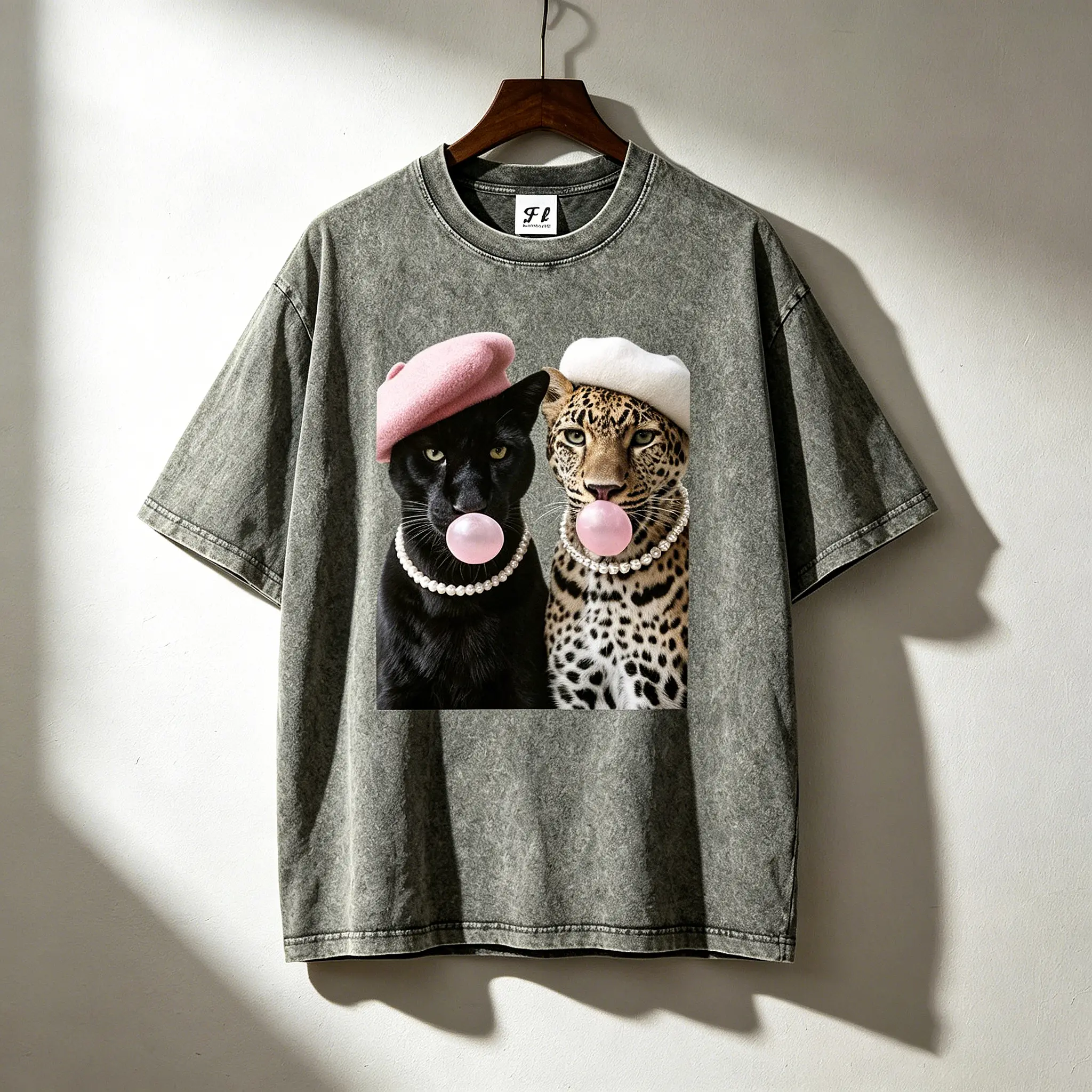 Men's Unisex Vintage Washed Oversized Crew Neck Basic T-Shirt - Chic Chest Graphic of Black Panther & Spotted Cheetah in Pink-White Berets, Pearl Necklaces Blowing Pink Bubble Gum - All Seasons Gift Top for Daily Outfits
