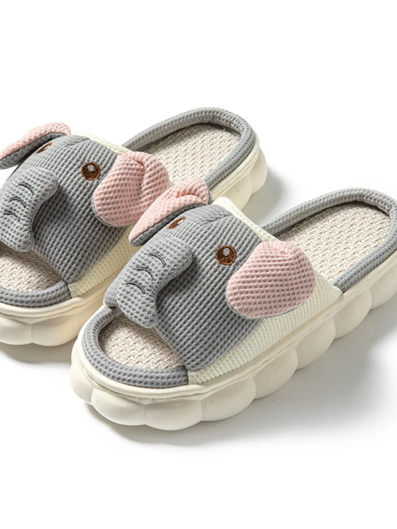 Cute Cartoon Couple Linen Slippers, Breathable Open-Toe Design, Comfortable All-Season Footwear, Fun Elephant Pattern