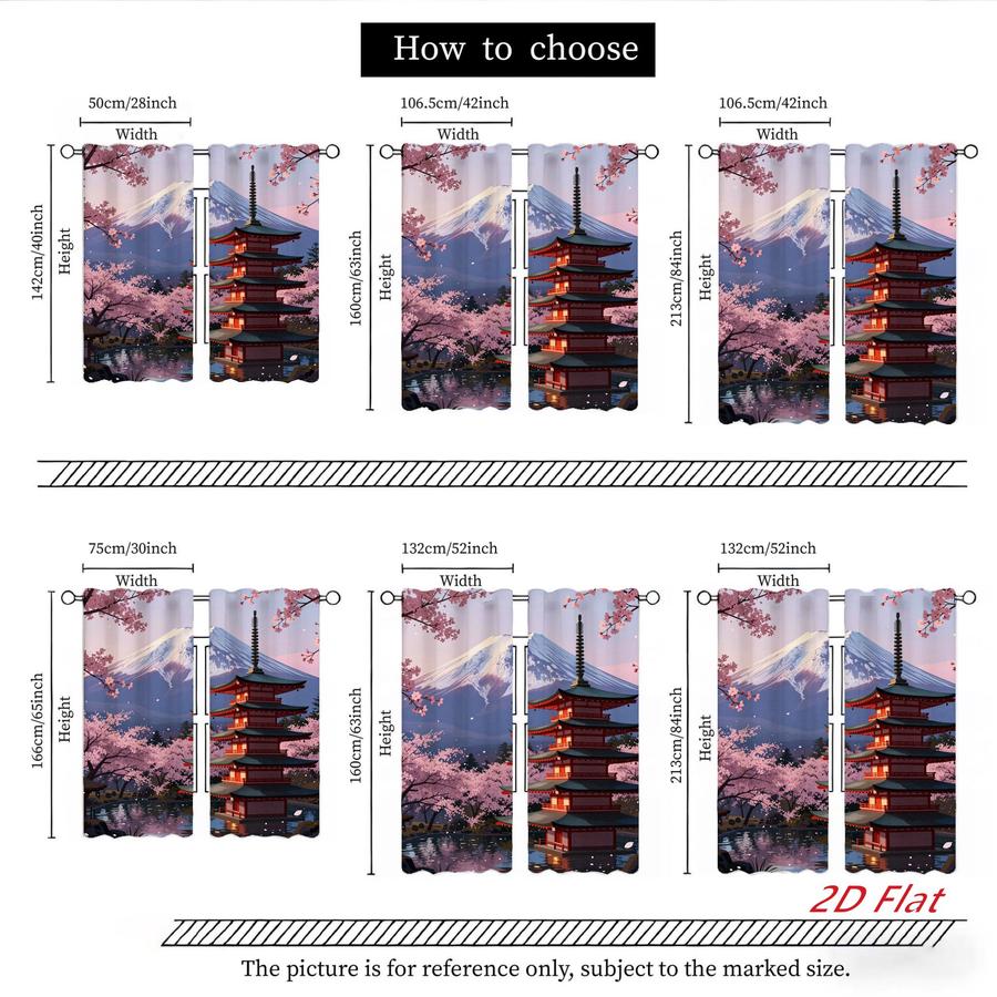 2Pcs Japanese Style Pagoda Mount Fuji Cherry Blossom Landscape Sun Blocking Curtains Digital Printed Rod Pocket, Window Treatment For Bedroom Office Kitchen Living Room Study Home Decor