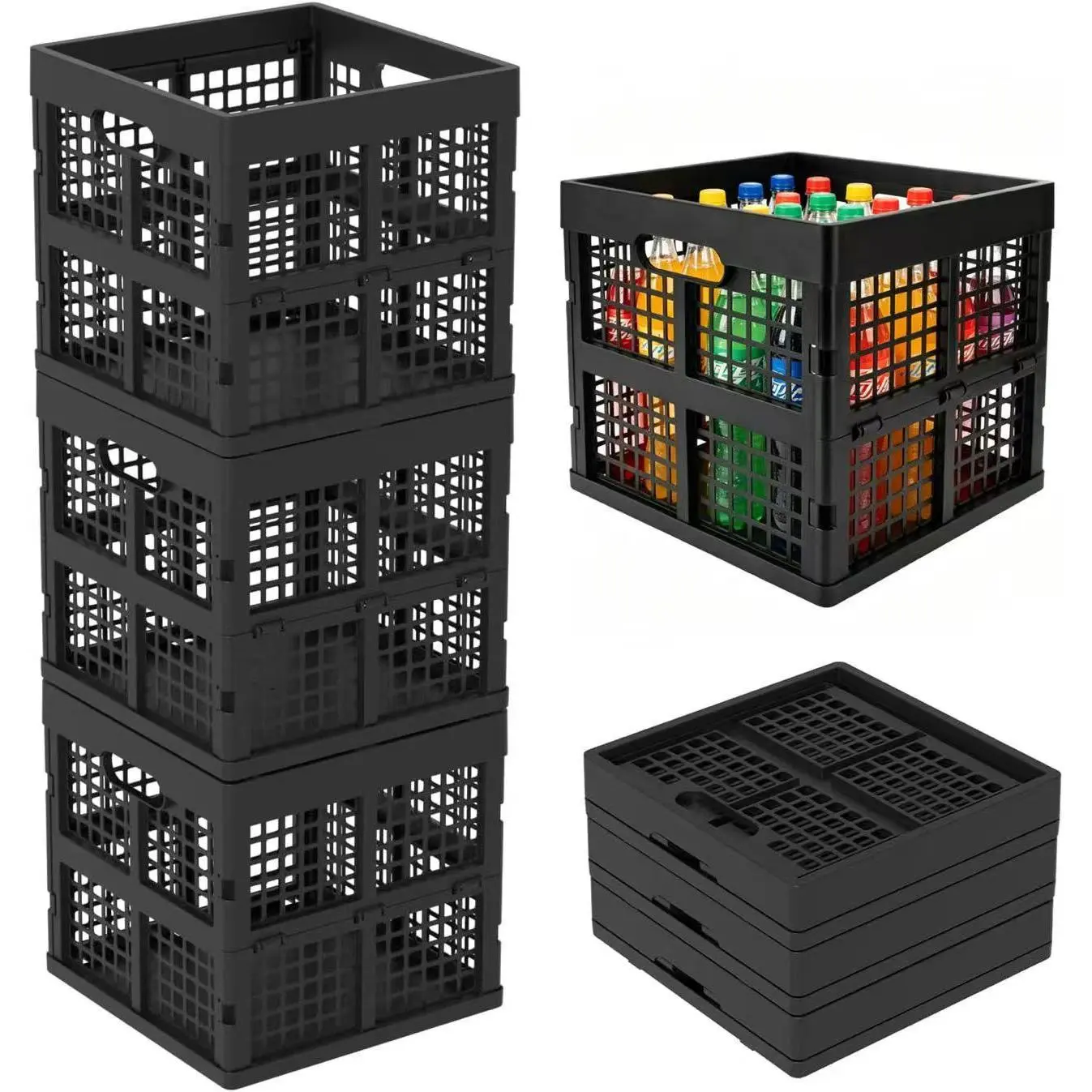 3-Pack 16L Foldable Collapsible Plastic Storage Bins Multi-Use Organizer for Home Closet Shelves Pantry Black Gray White