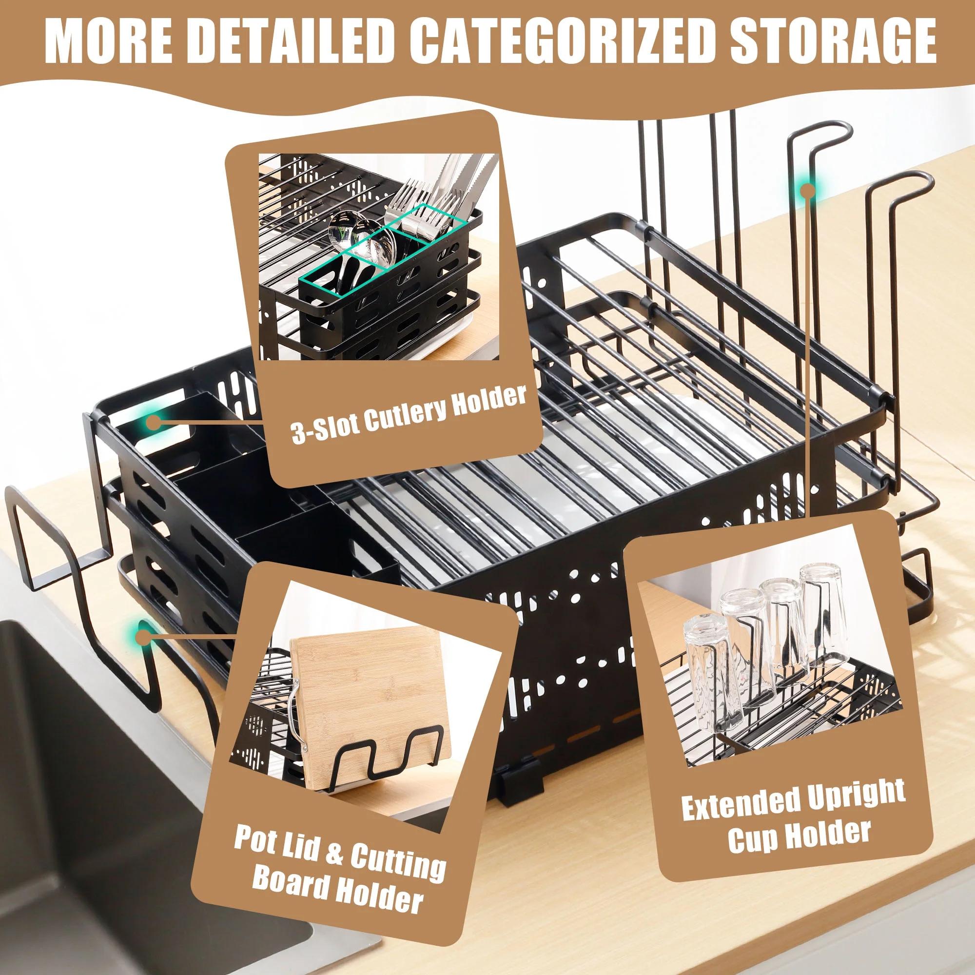 SICANDAENHK Tired of wet, messy dishes taking over your counter?This compact 2-tier extendable dish rack is the perfect solution!With a built-in drying tray, separate utensil and cup holders, high-quality stainless steel material, easy drainage