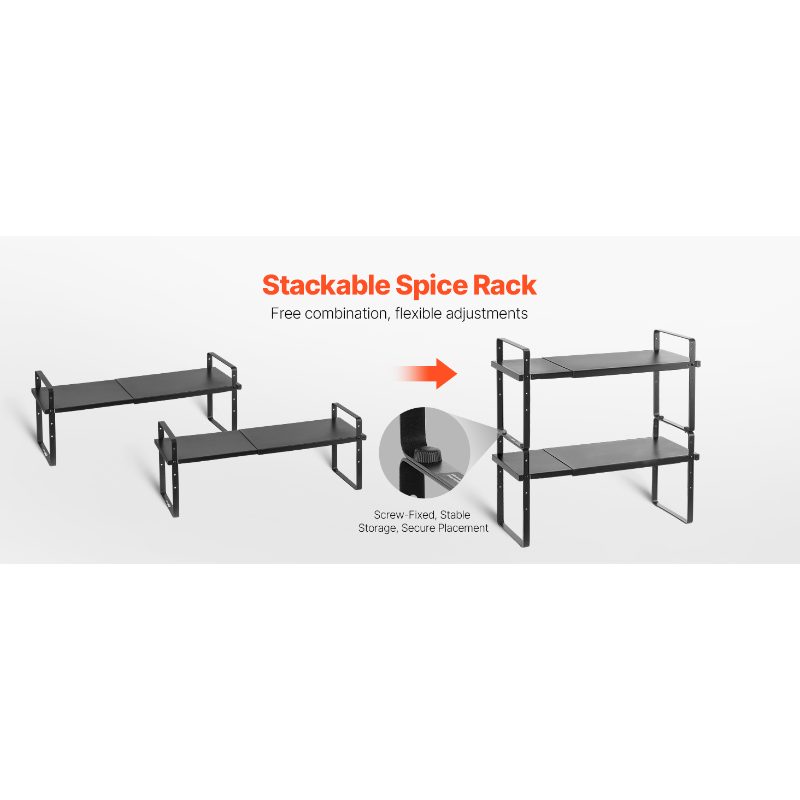 VEVOR Adjustable Kitchen Cabinet Shelf Organizer, Expandable 2 Tier Cabinet Shelf, Stackable Countertop Organizers and Storage Shelf Risers, Pantry Organizers for Kitchen Bathroom Office, Black